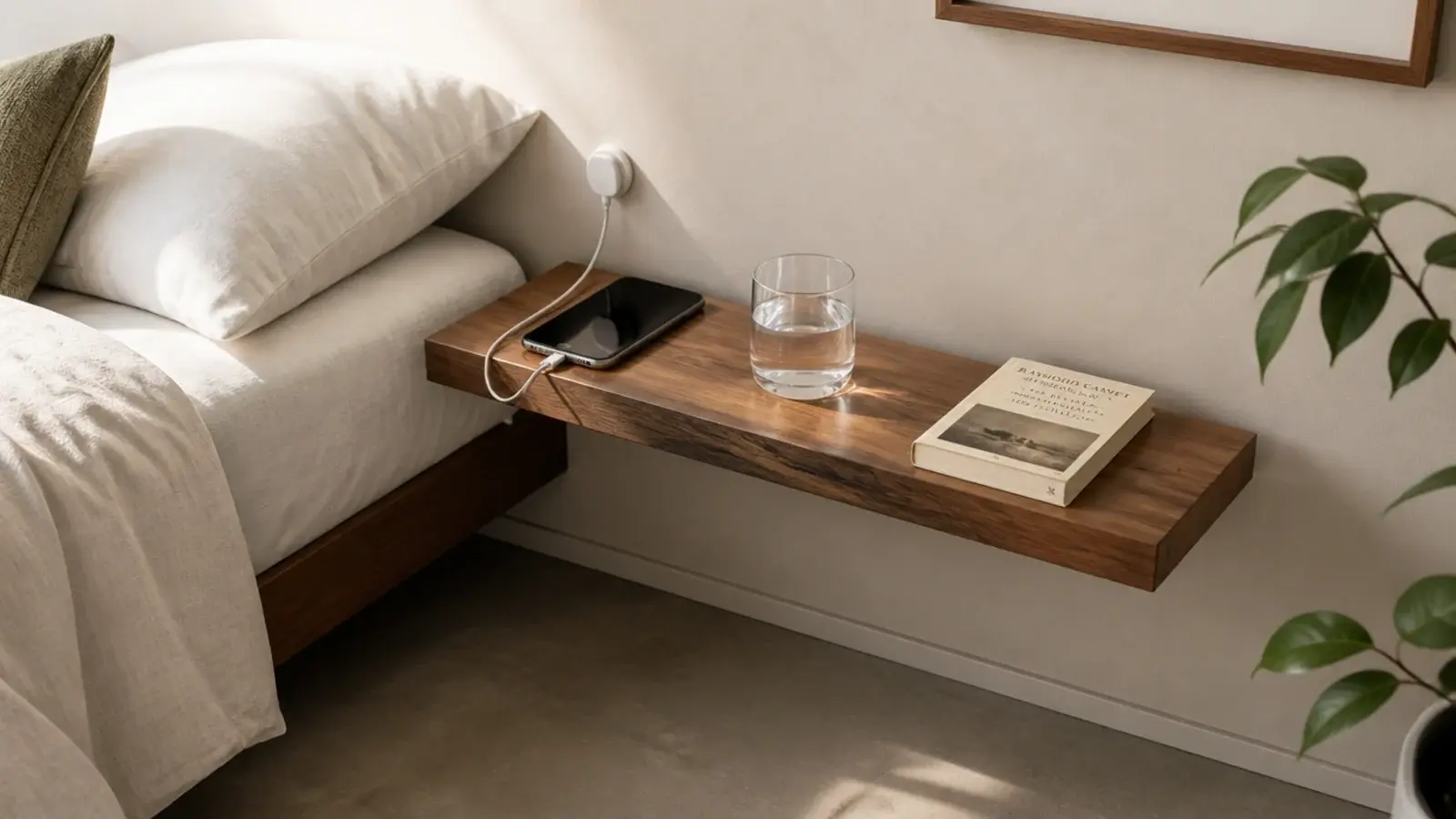 slim floating ledge beside a bed holding a phone and a glass