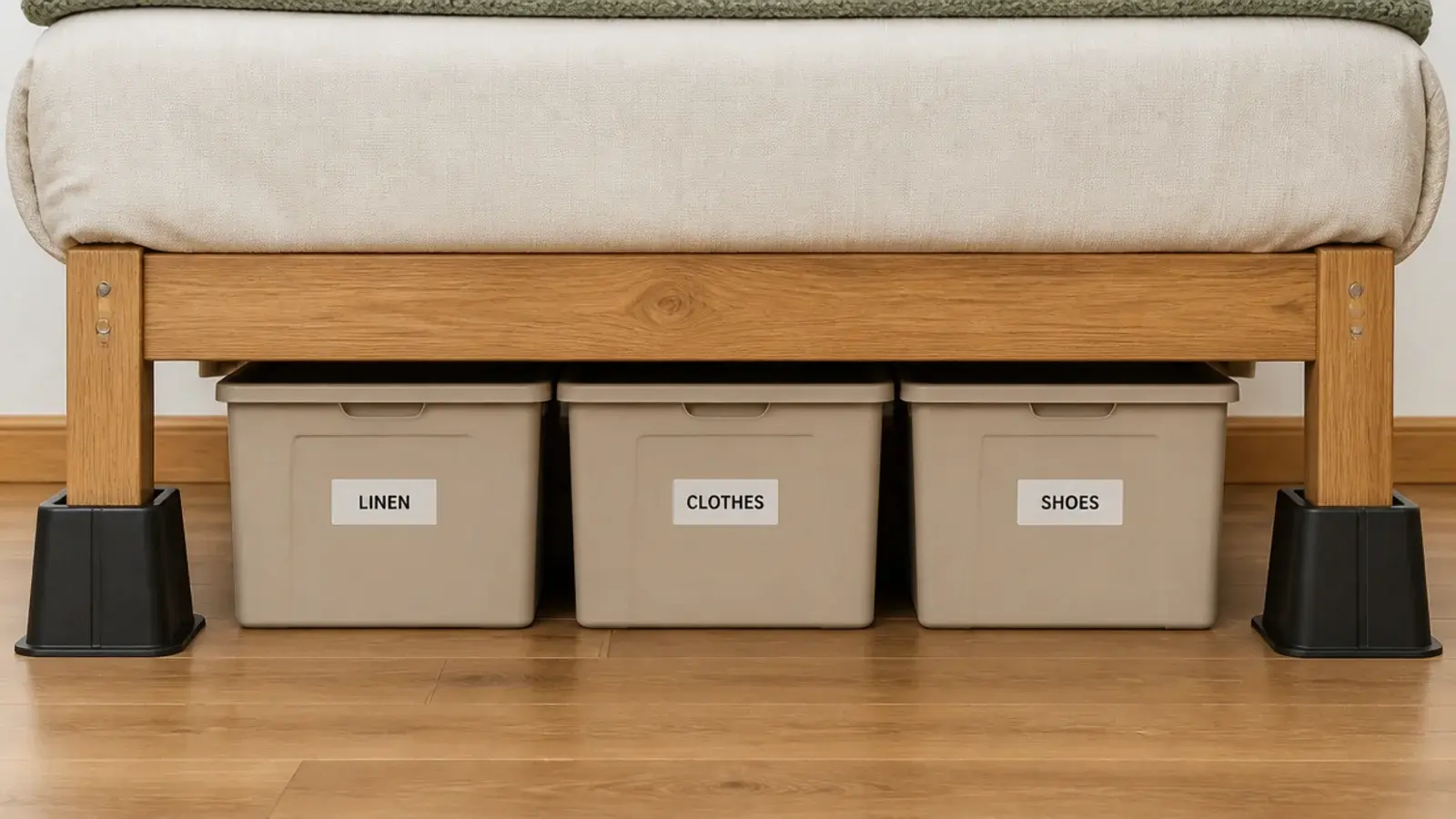 bed frame legs seated in risers above labelled storage boxes