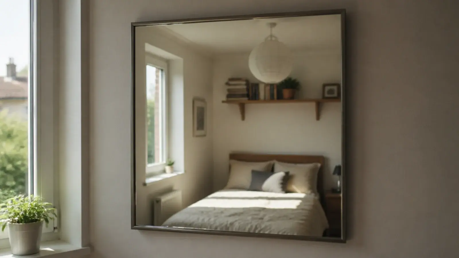 wall mirror facing a bedroom window reflecting daylight inward
