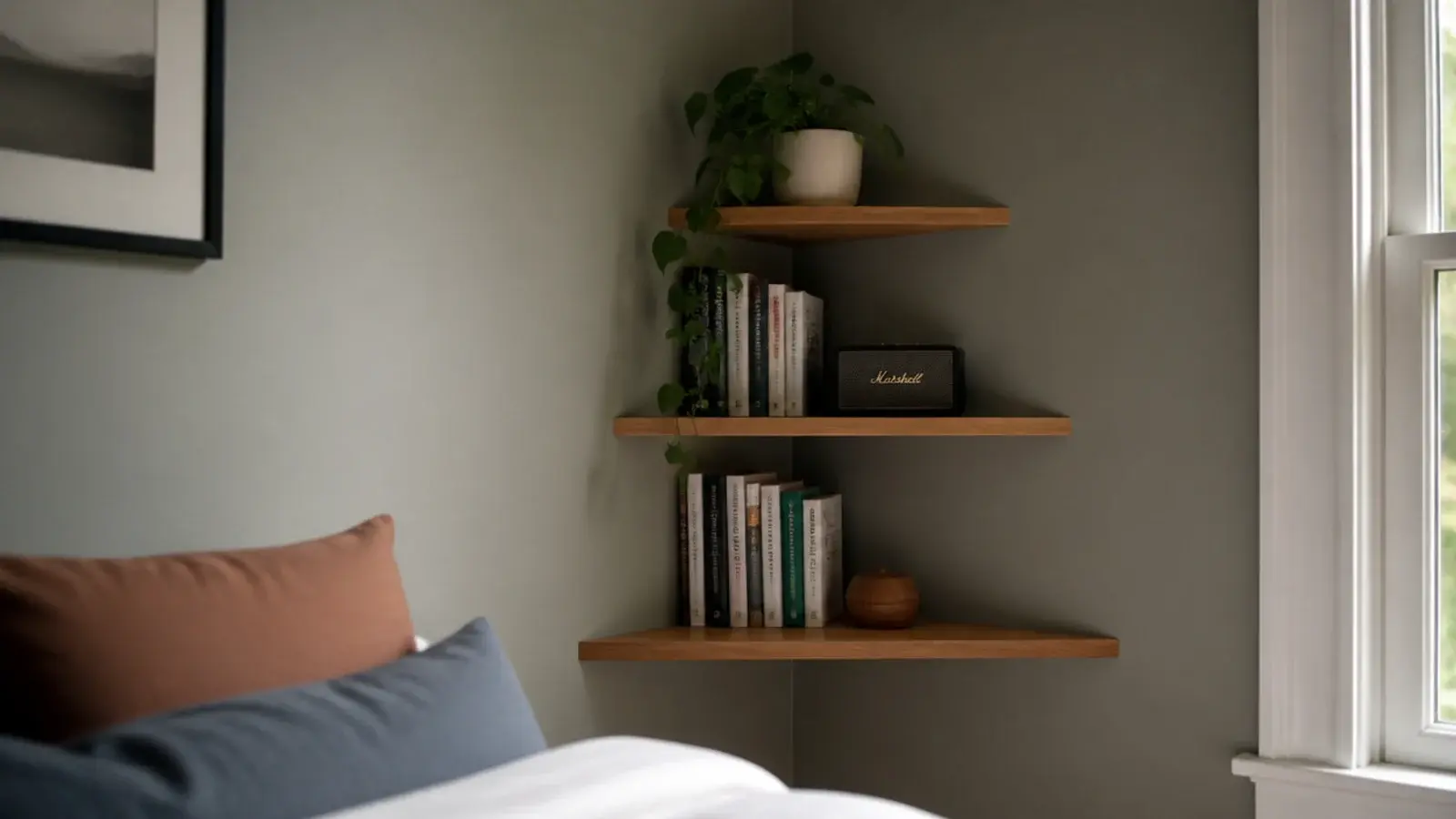 triangular corner shelves fitted into an unused bedroom corner