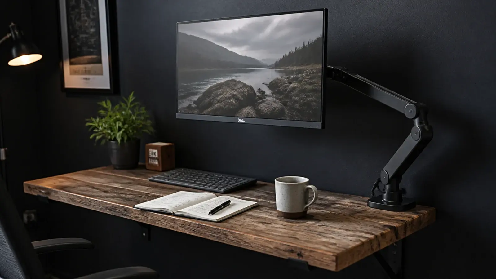 monitor on a clamp arm above a shallow desk with clear surface