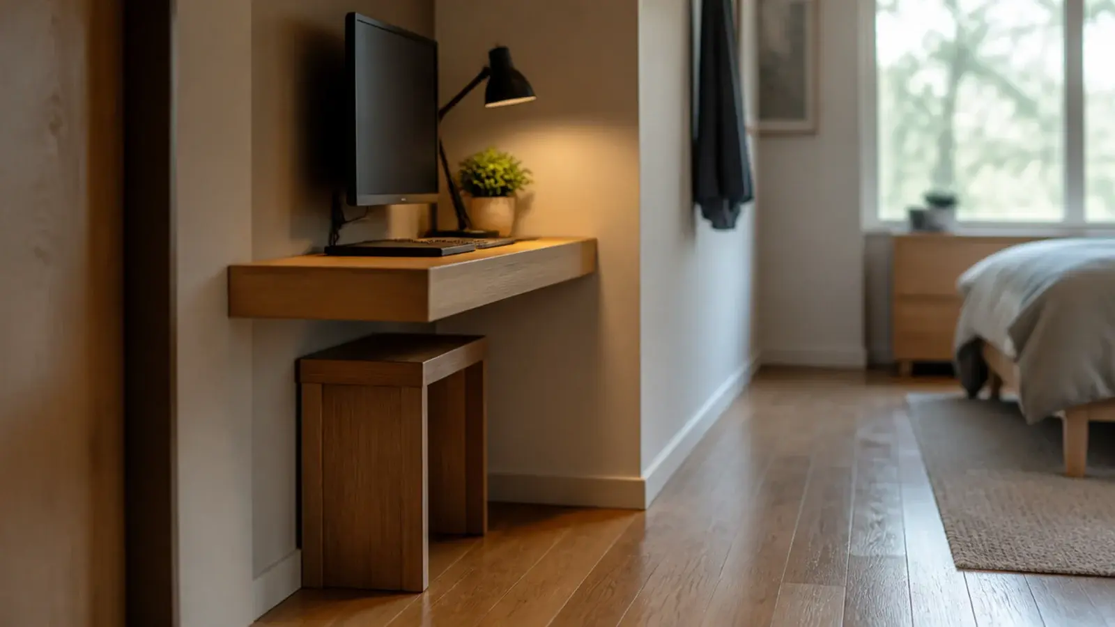 compact stool tucked completely beneath a wall mounted desk