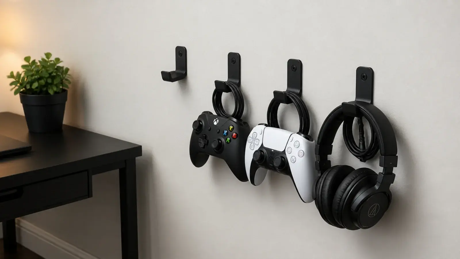 wall hooks holding controllers and headphones beside a small desk