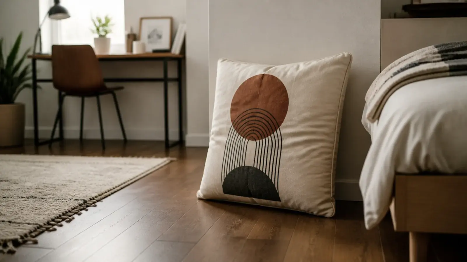 large floor cushion stored flat against a small bedroom wall