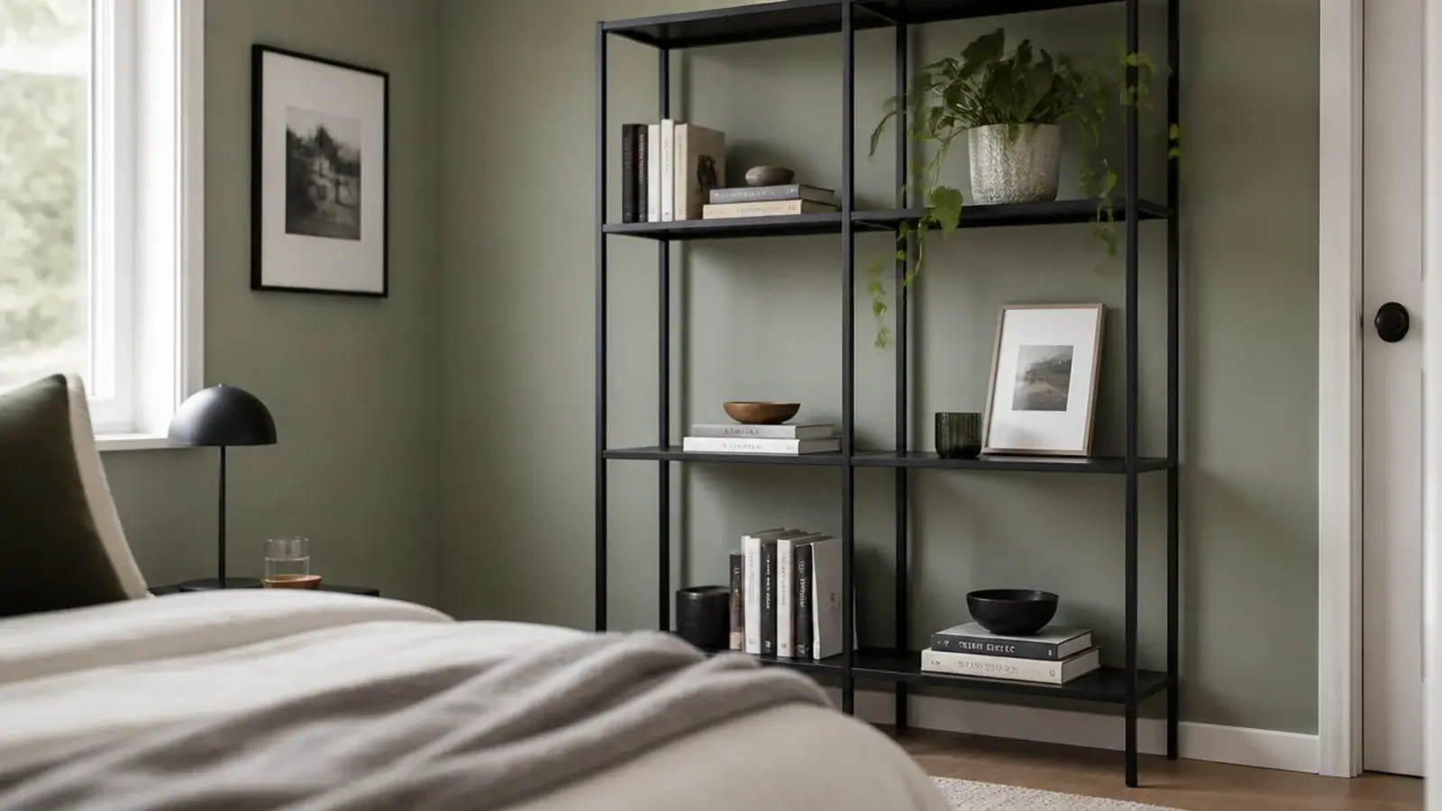 open frame metal shelving showing the wall through its structure