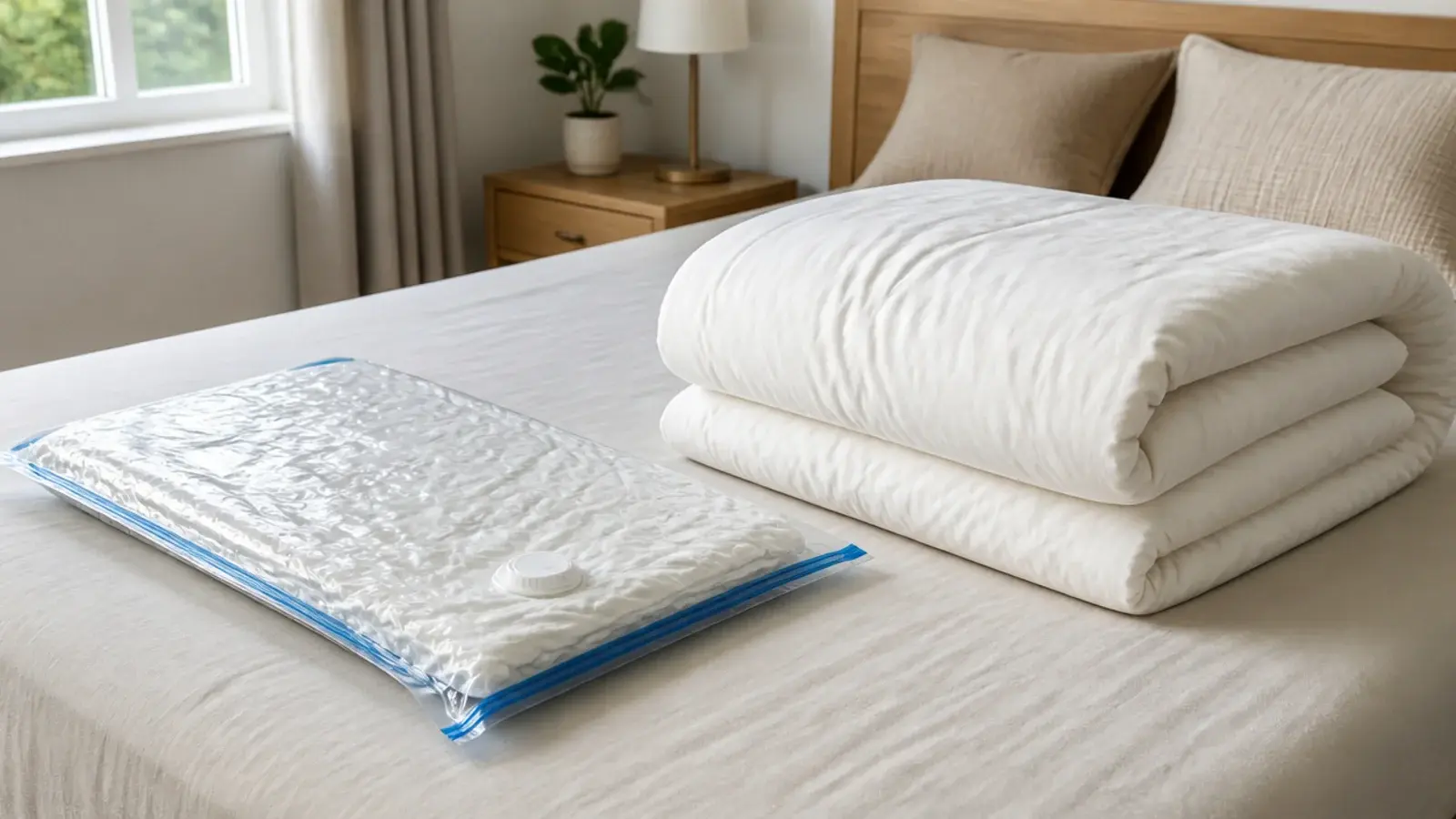 vacuum storage bag compressed flat beside a bulky folded duvet