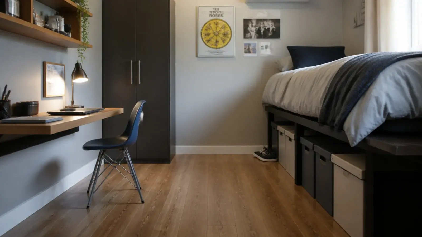 small teen boy bedroom with wall desk raised bed and clear floor