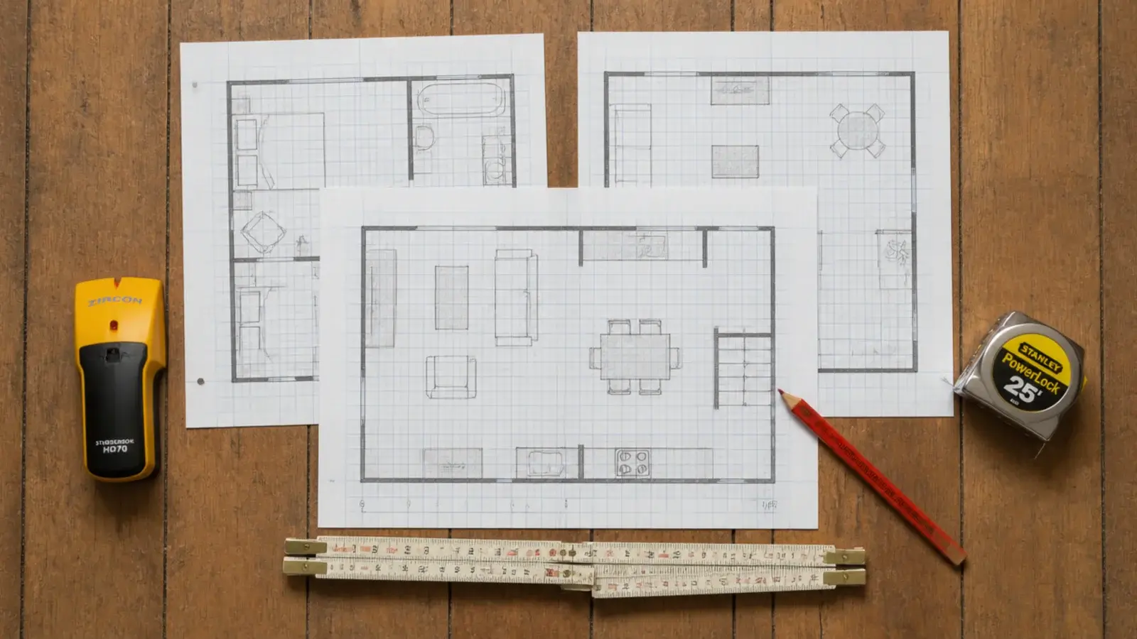 graph paper plans stud finder tape and folding rule on a bare floor