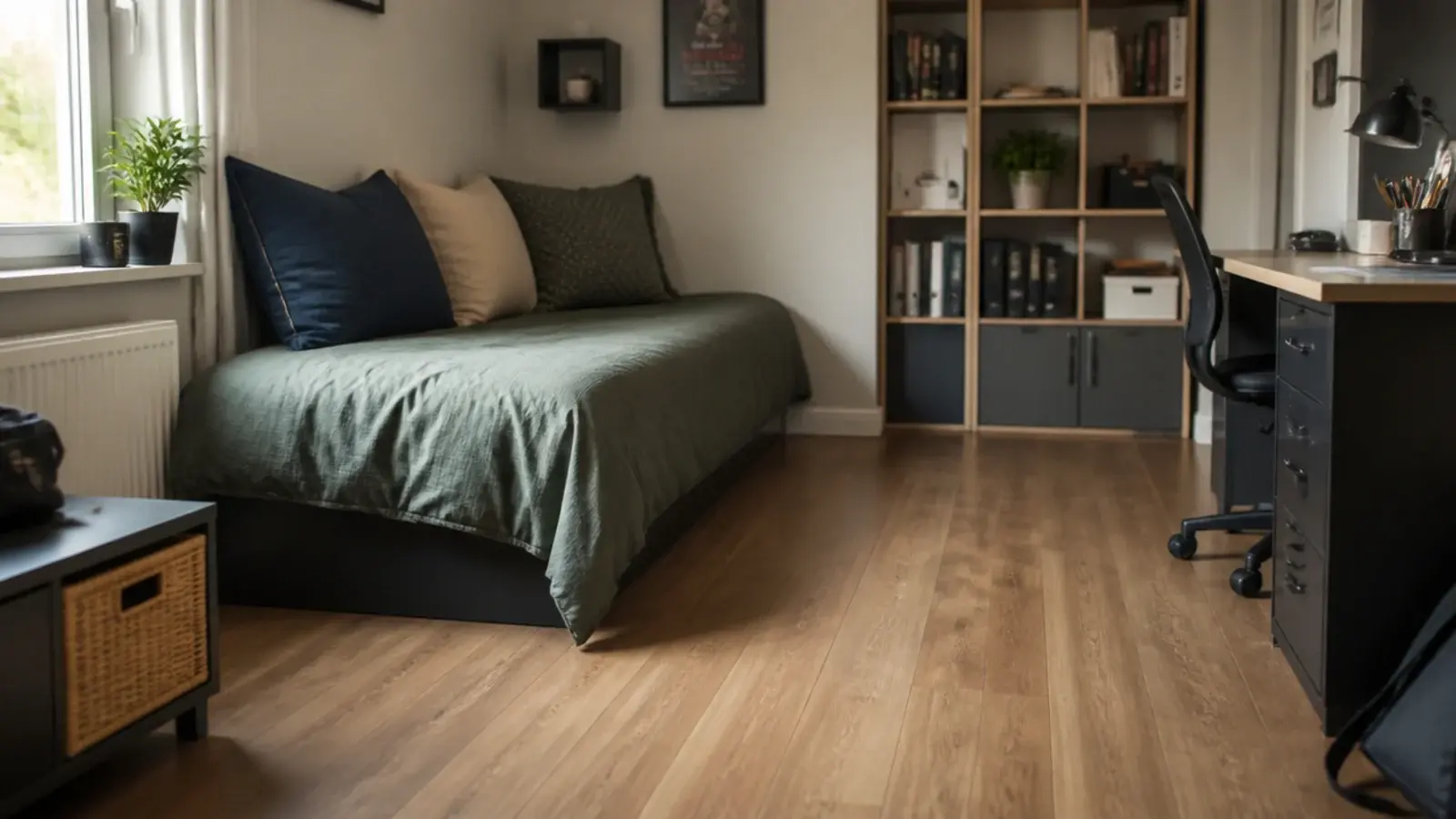 single bed set side on to a wall with a clear floor strip