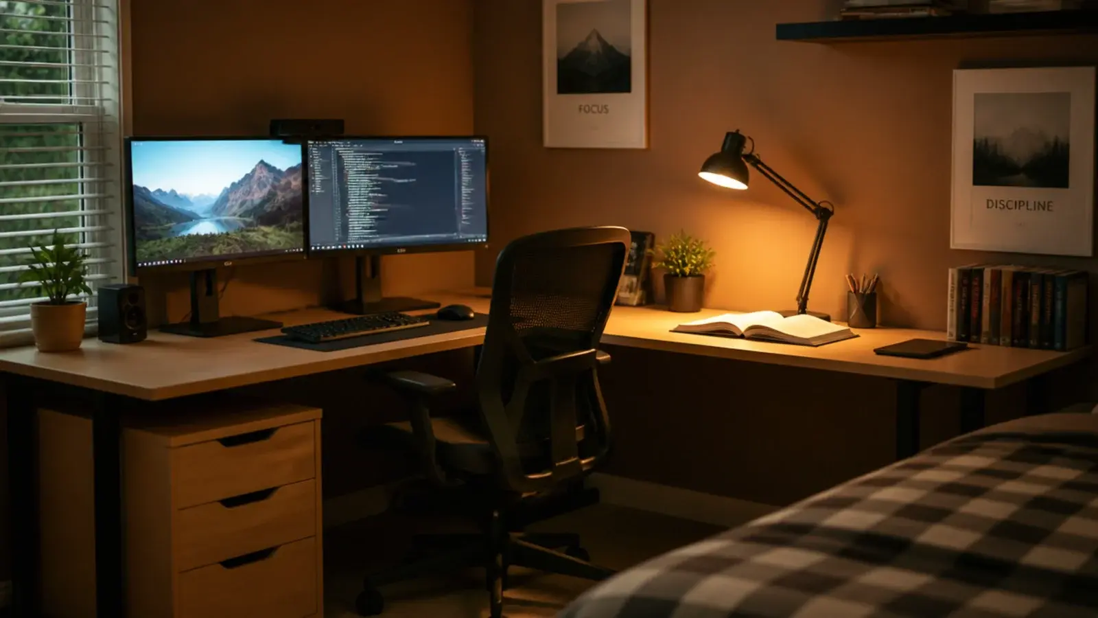 L shaped desk wrapping a bedroom corner with screens and books