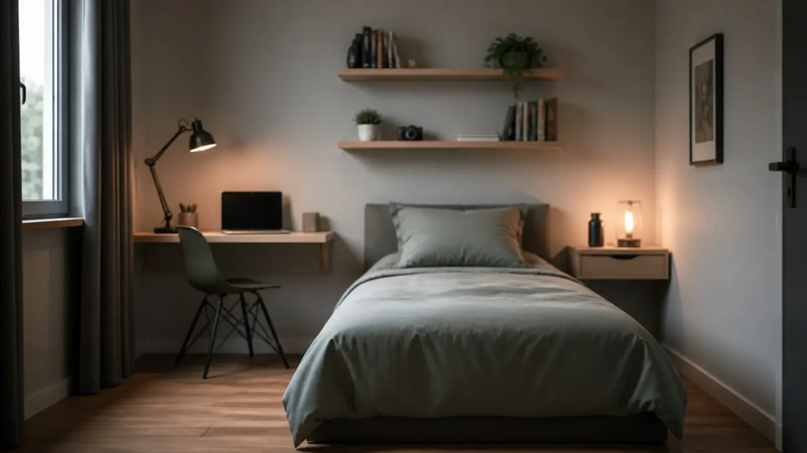 bedroom where desk shelves and nightstand are all wall mounted