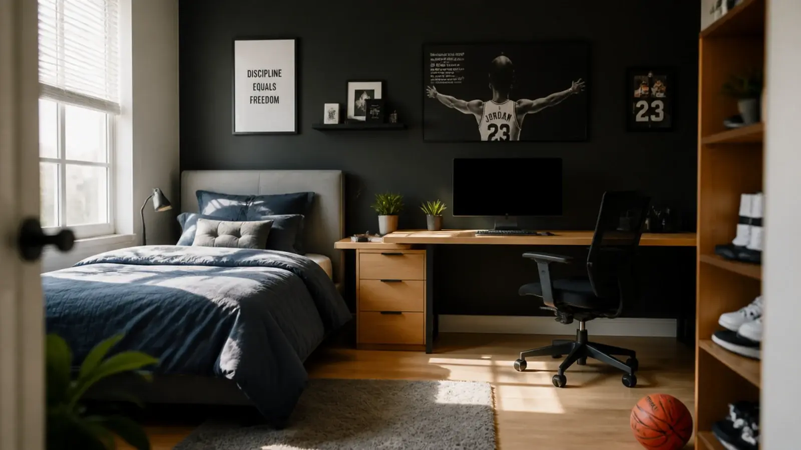 teen boy bedroom with charcoal accent wall wide desk and slate bedding