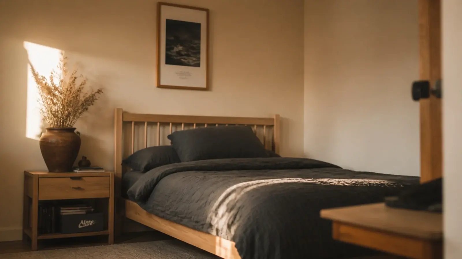 teen boy bedroom aesthetic in warm minimal tones with timber and linen