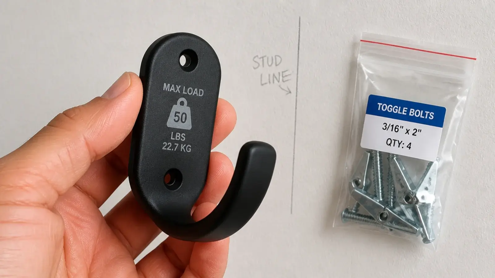hand checking a weight rating label on the back of a wall hook