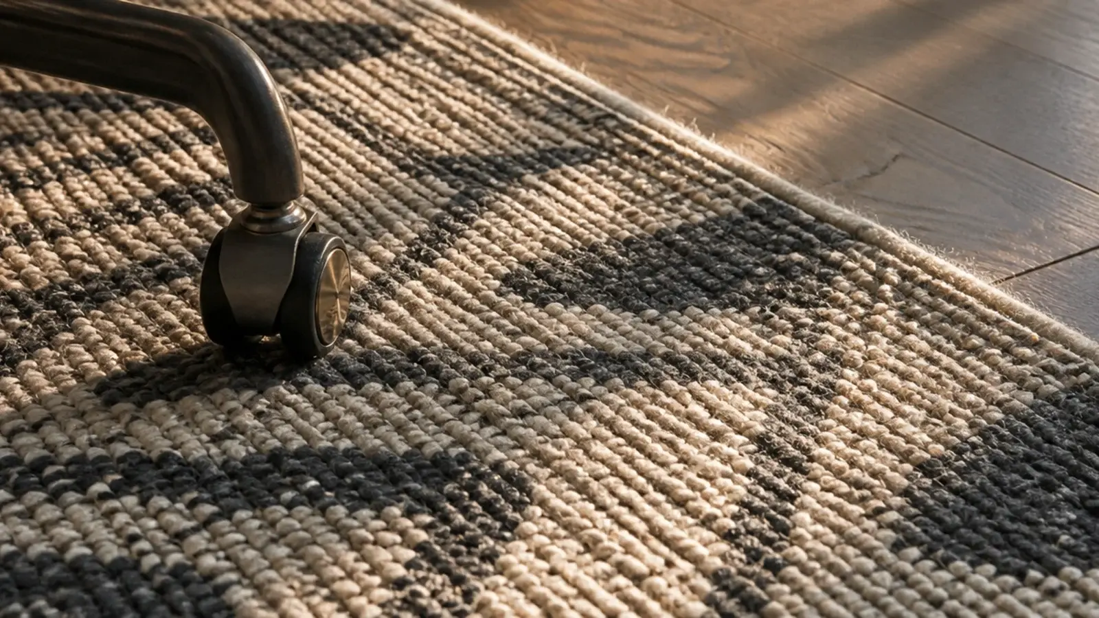 flat woven wool blend rug shown beside a rolling desk chair castor