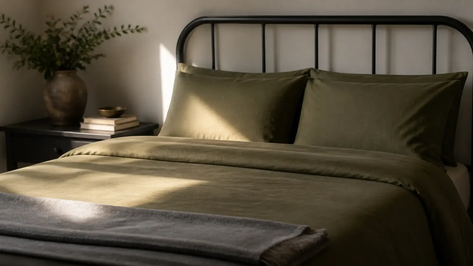 plain olive brushed cotton duvet made up on a metal bed frame