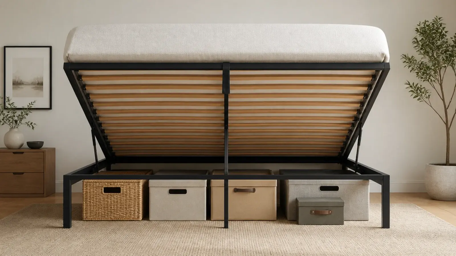 black metal bed frame showing closely spaced timber slats beneath