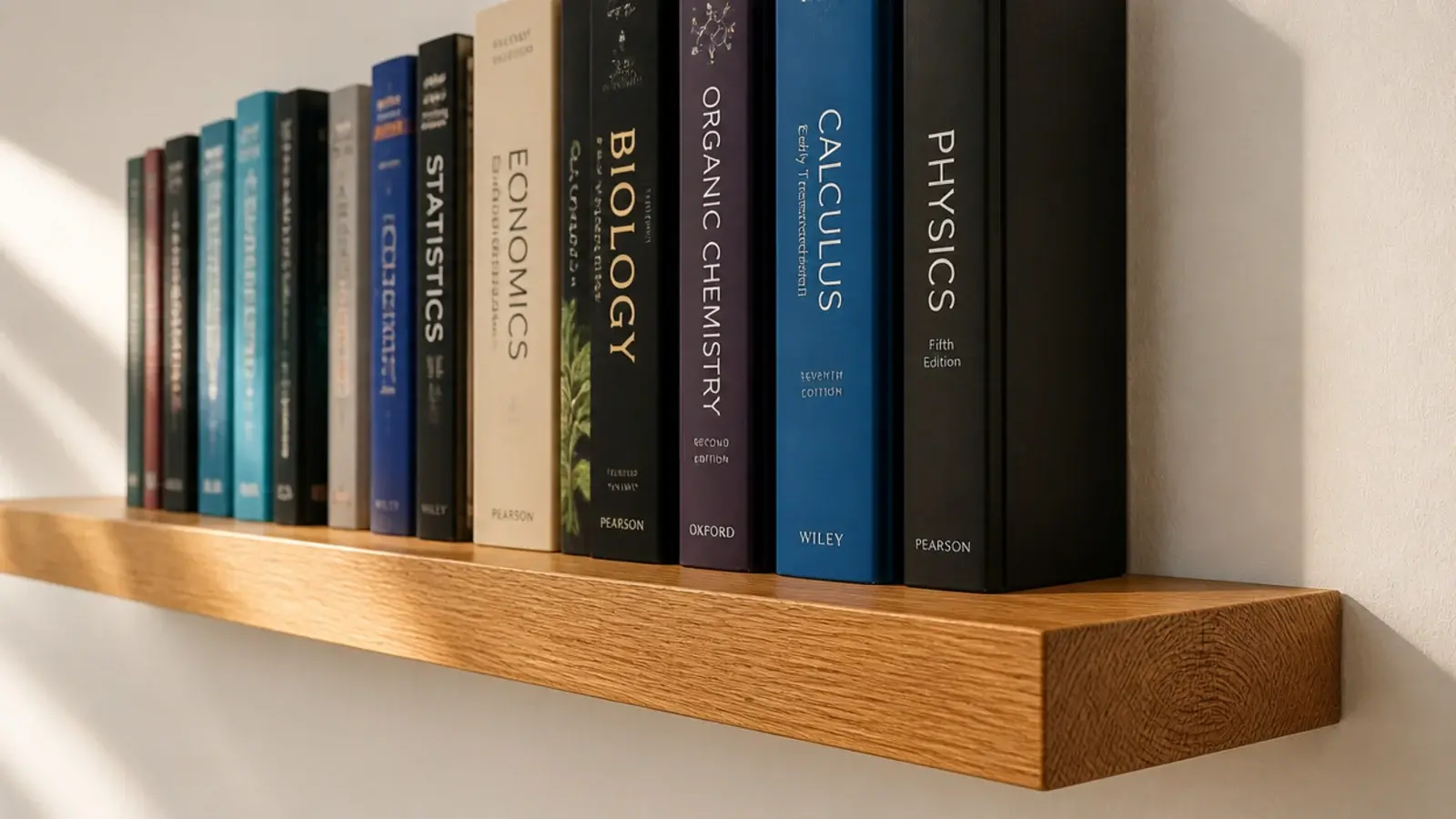 thick solid oak shelf carrying textbooks with no visible sag