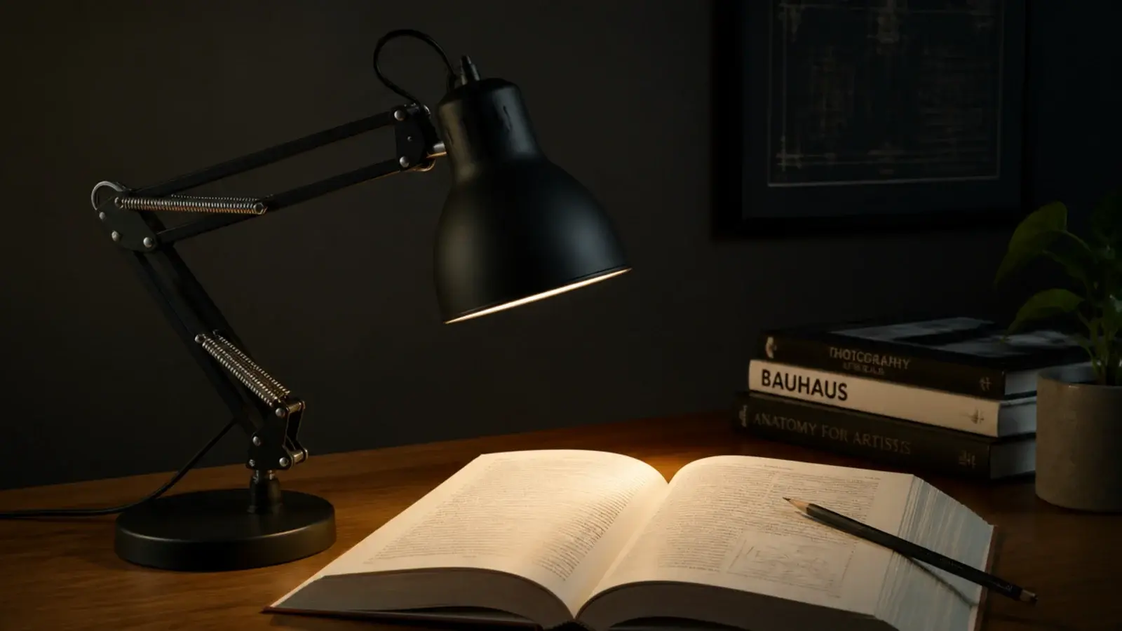 black articulated desk lamp angled low over an open textbook