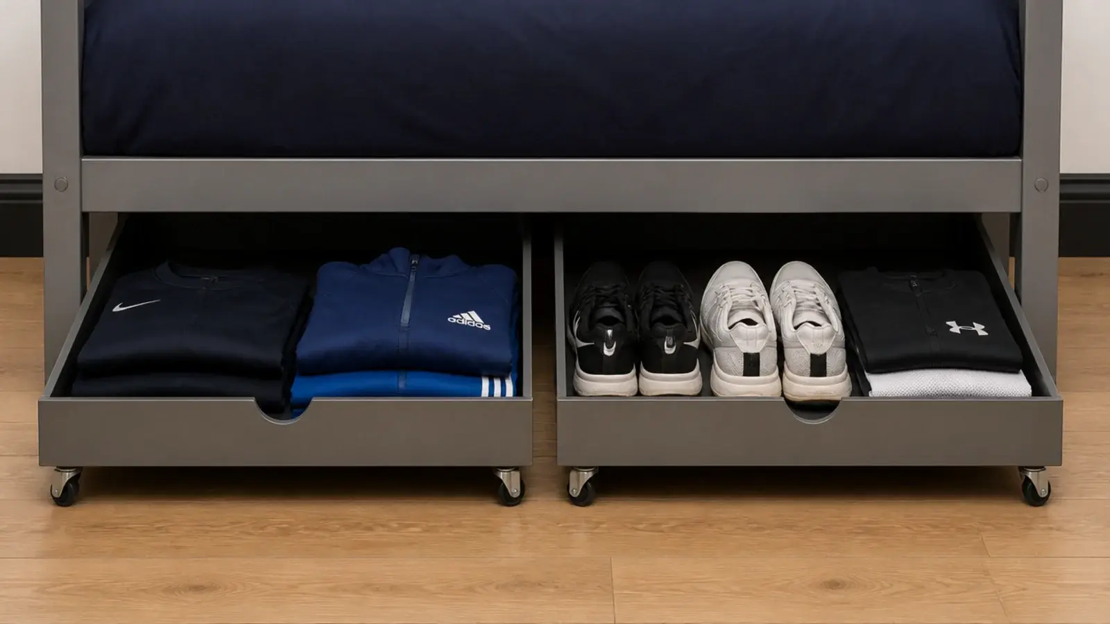 two shallow rolling drawers pulled out from under a bed frame