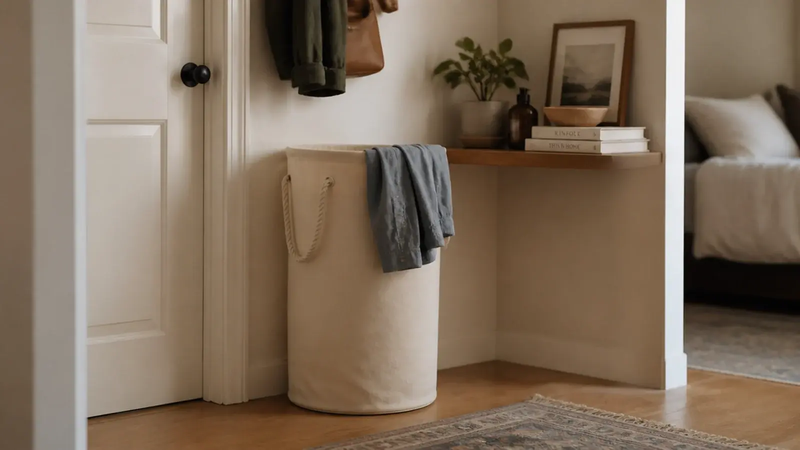 open topped canvas laundry basket standing beside a bedroom door