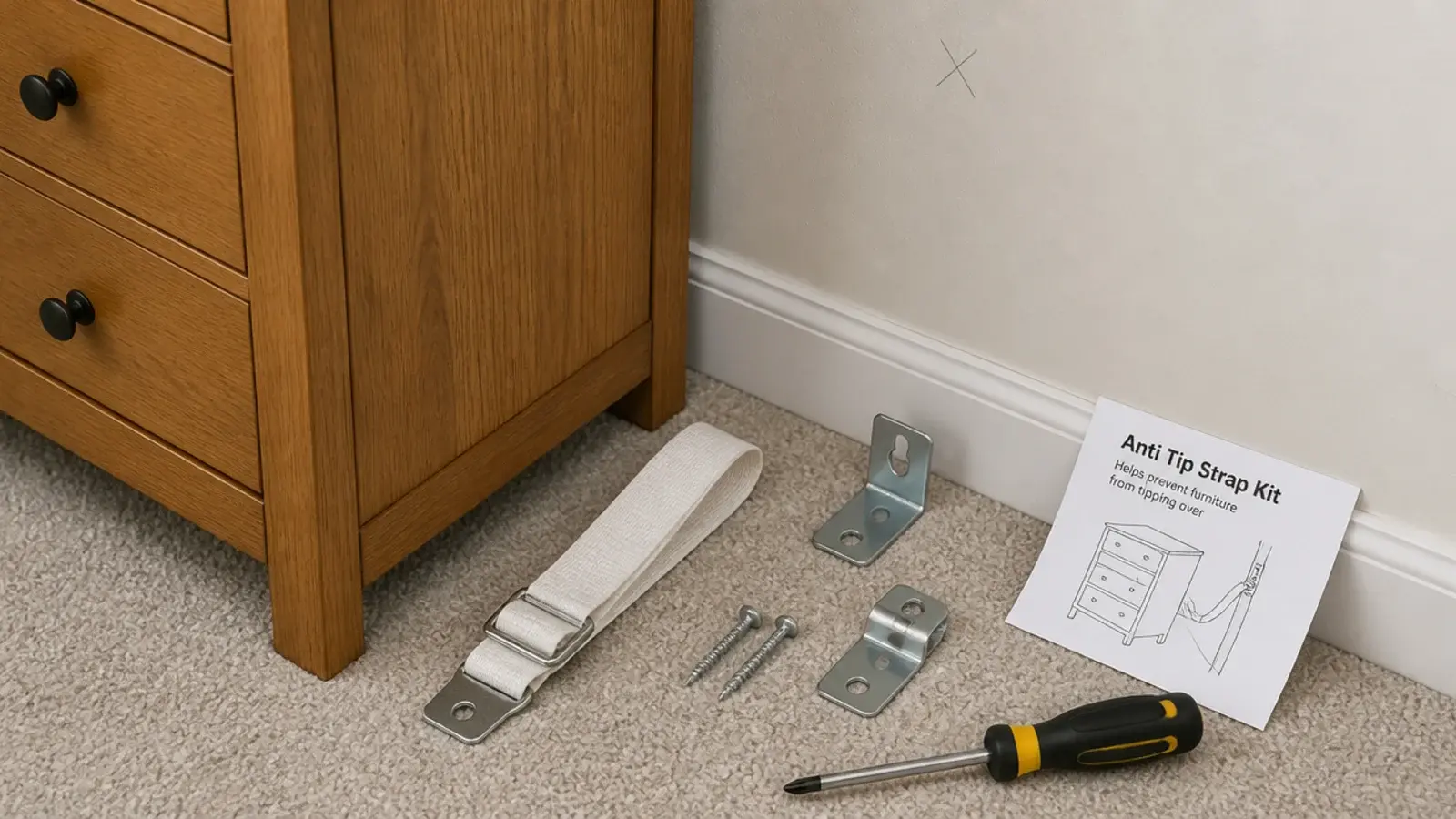 anti tip strap kit laid out with screws beside a tall drawer unit