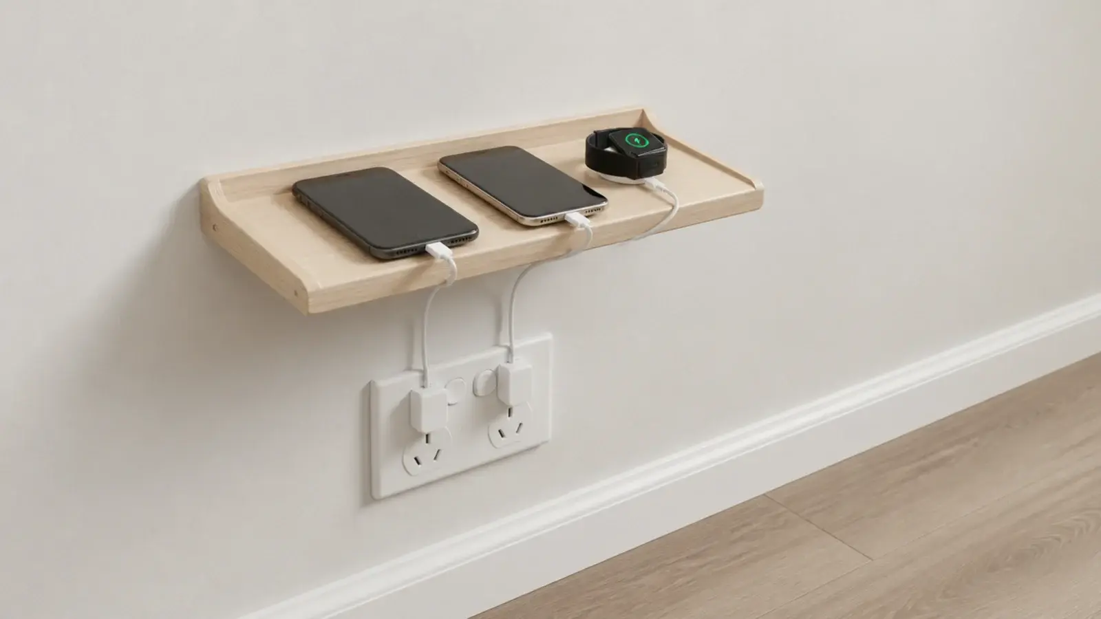 small wall shelf holding two charging phones above a cable outlet