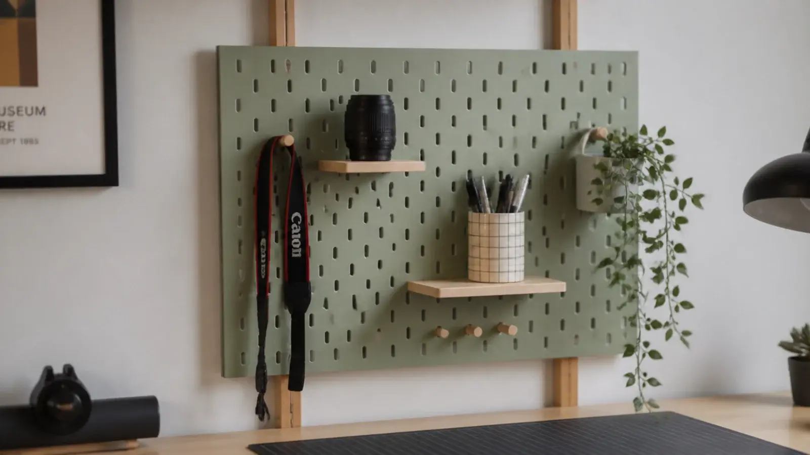 painted pegboard panel carrying shelves hooks and a pen cup