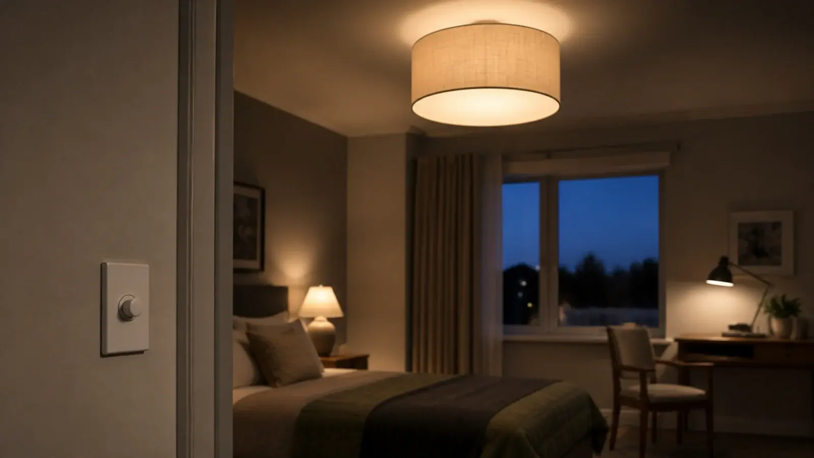 linen drum ceiling shade glowing softly above a teenage bedroom