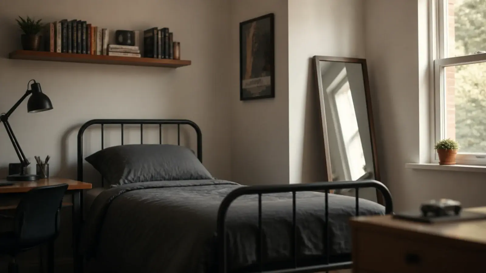teen boy bedroom decor laid out across a desk shelf and made bed