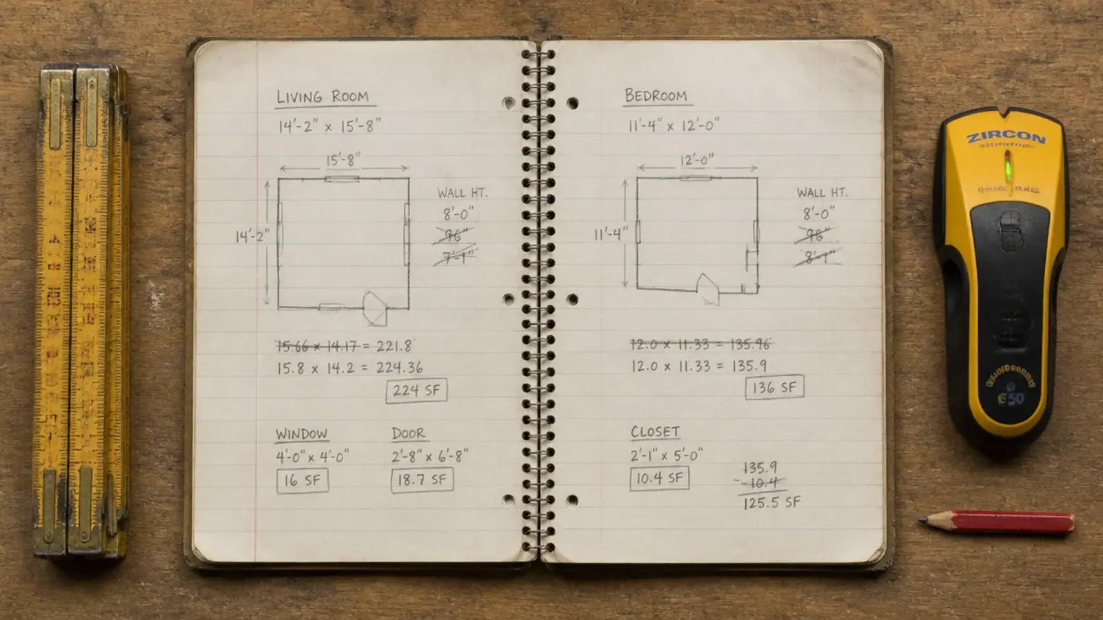worn notebook of room measurements beside a folding rule and pencil