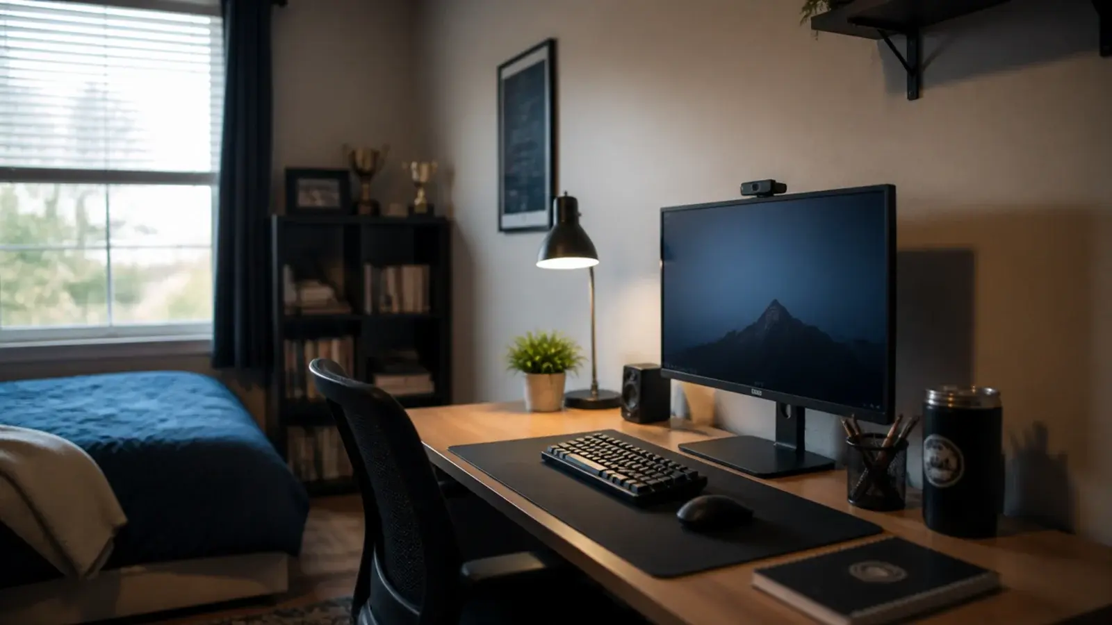 desk against a side wall with daylight arriving across the keyboard