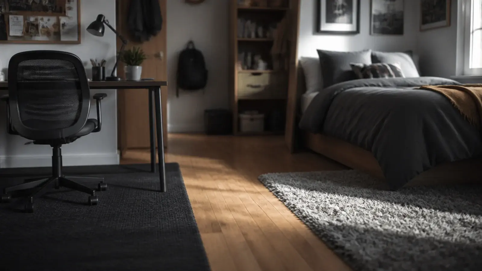 two separate rugs marking a desk zone and a bed zone