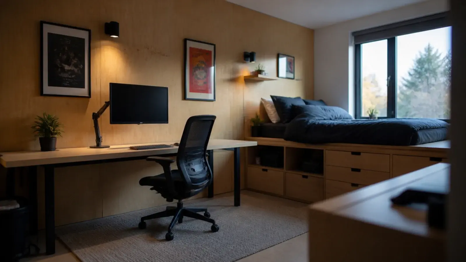 teen boy bedroom designs shown in a rebuilt room with desk and loft bed