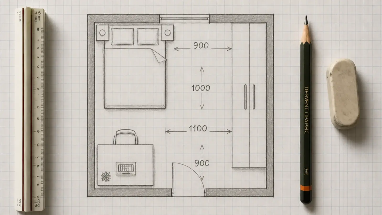 pencilled floor plan of a bedroom with walkway widths marked on paper