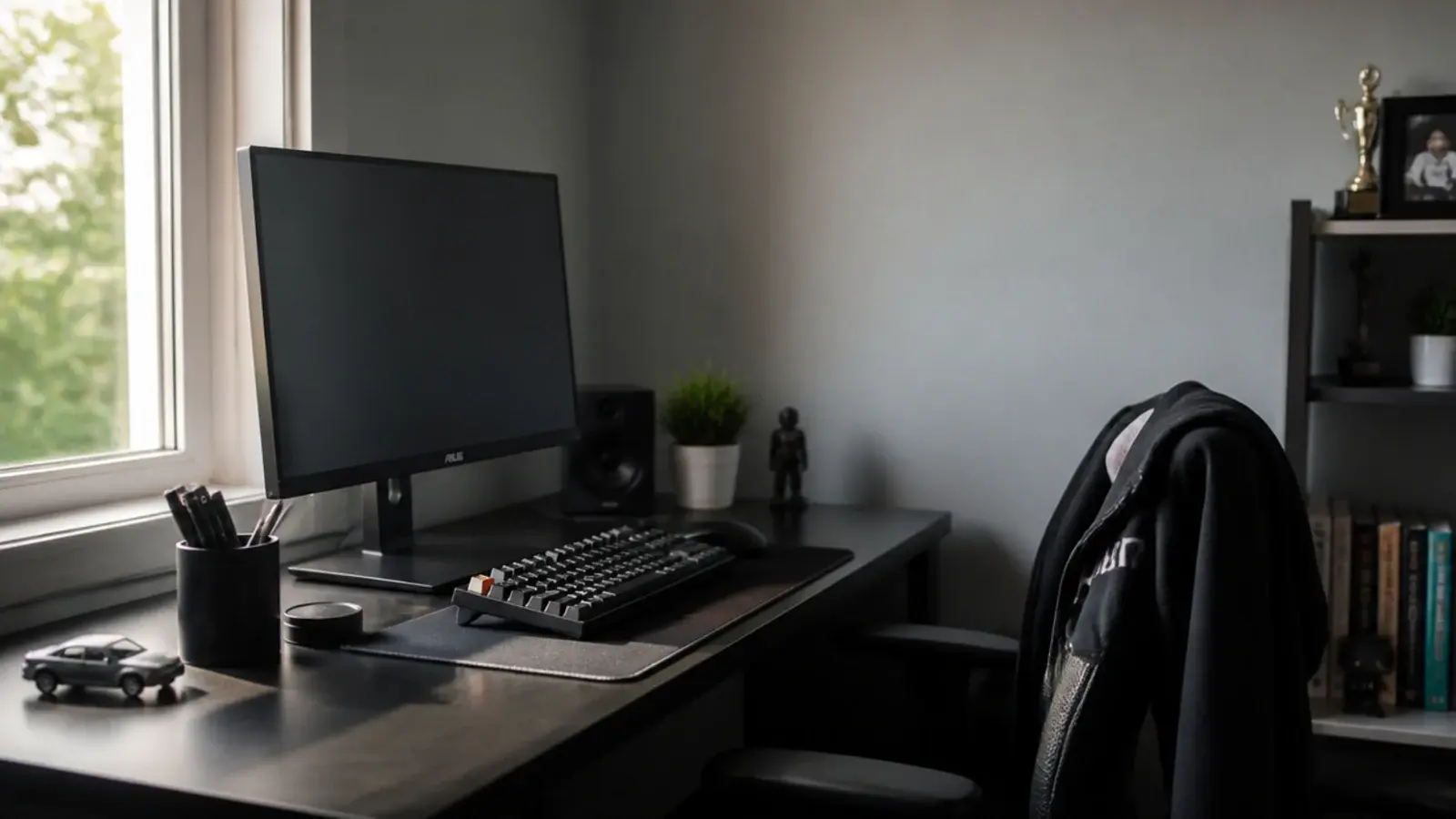 desk set against a side wall with daylight arriving from the left