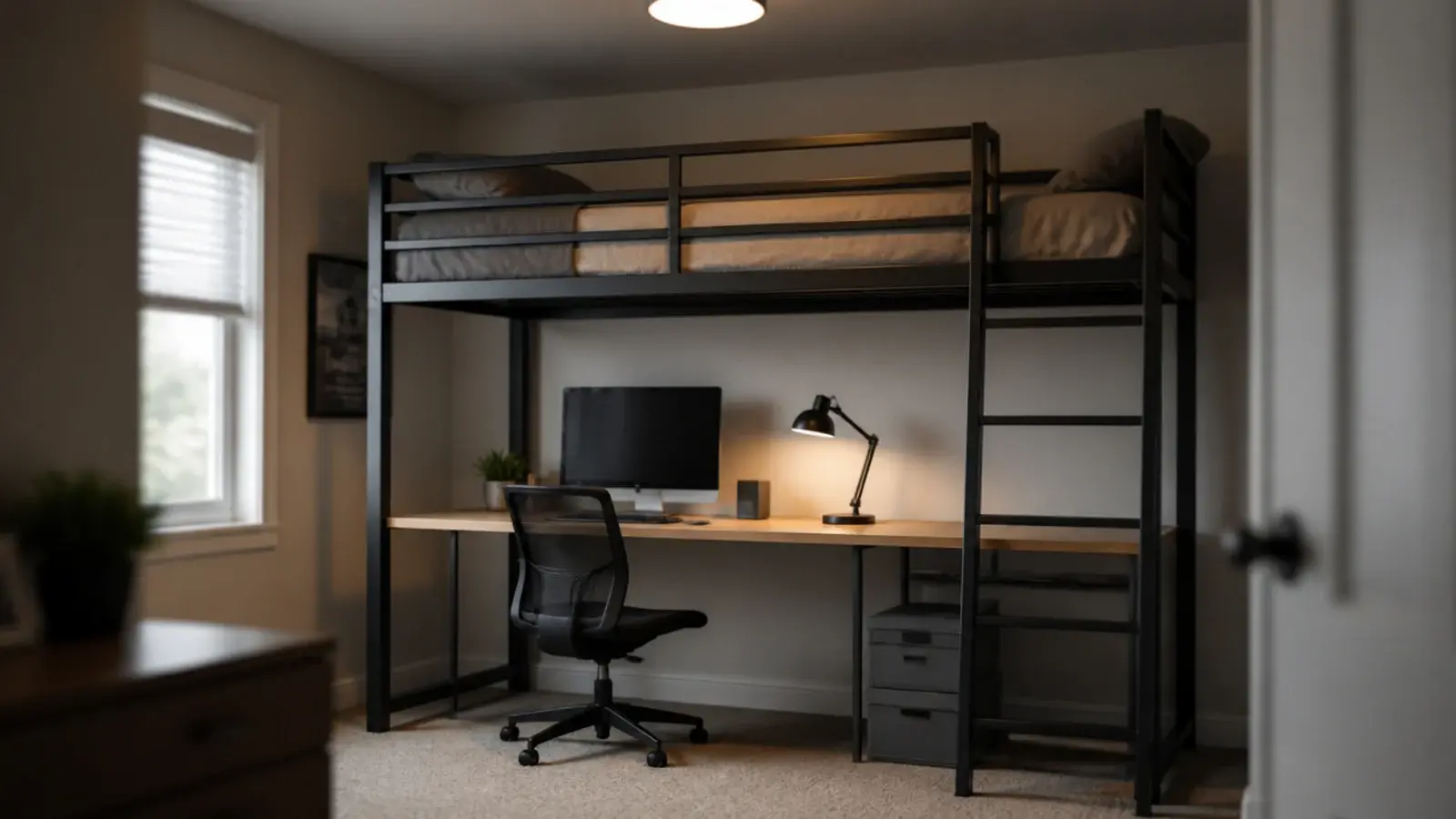 loft bed with a full desk and chair fitted in the space below