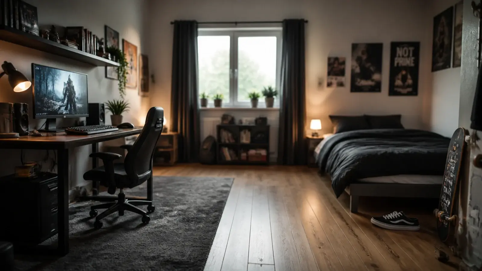 teen boy bedroom ideas shown across a desk zone and sleeping corner