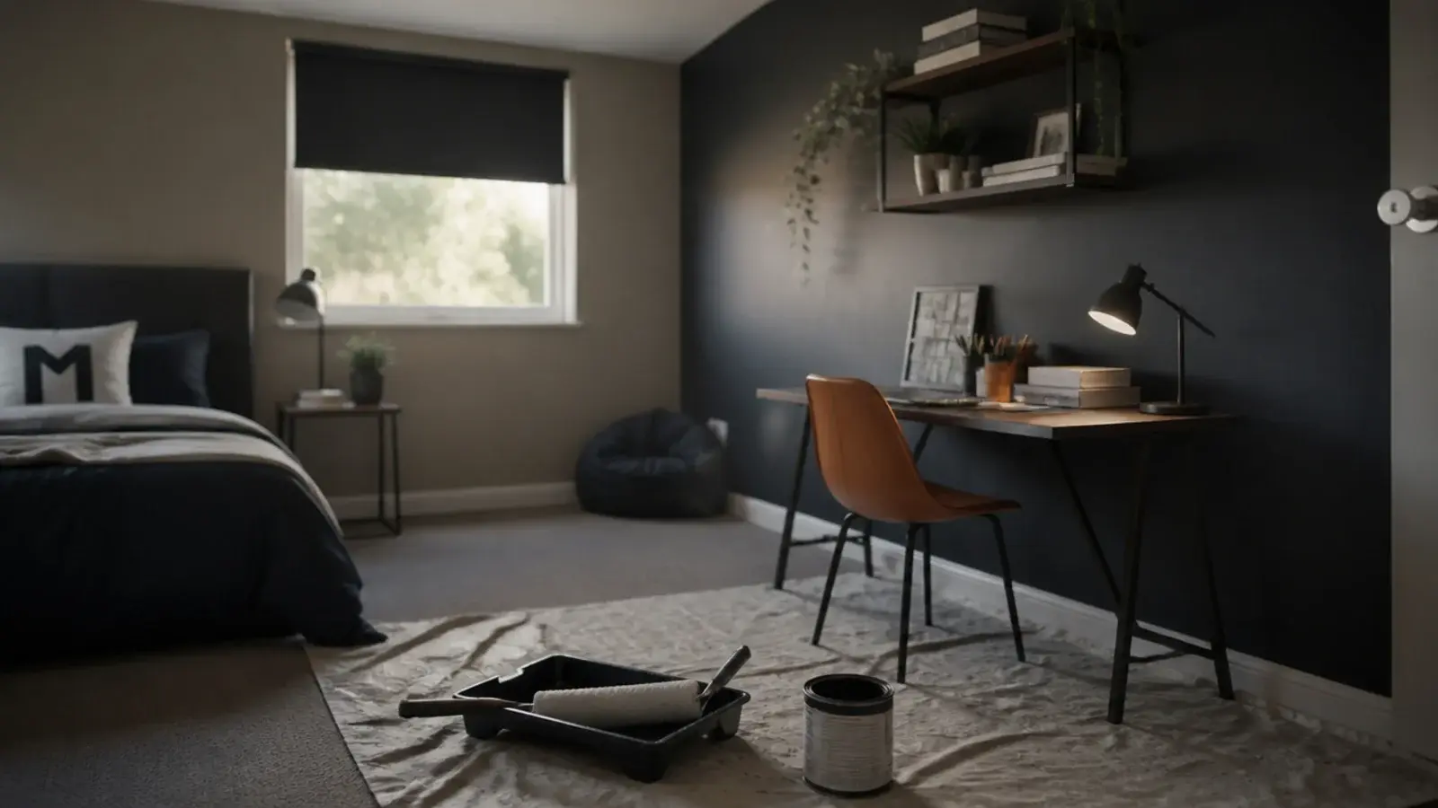 teen boy bedroom paint shown as a deep charcoal wall beside pale greige
