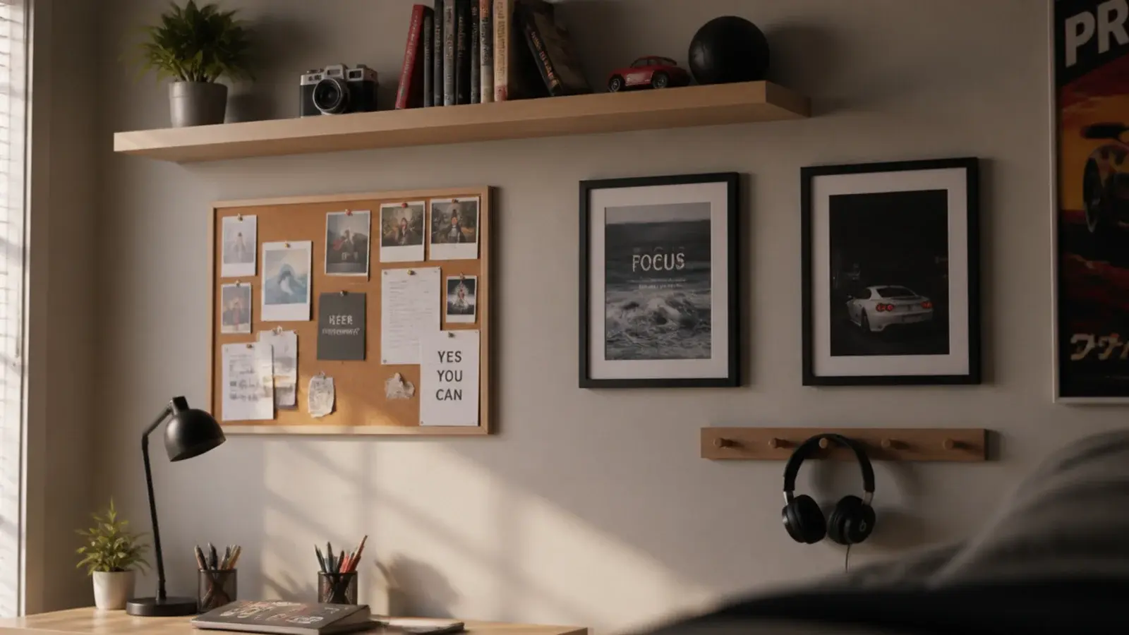 teen boy bedroom wall ideas arranged above a desk with shelf and frames