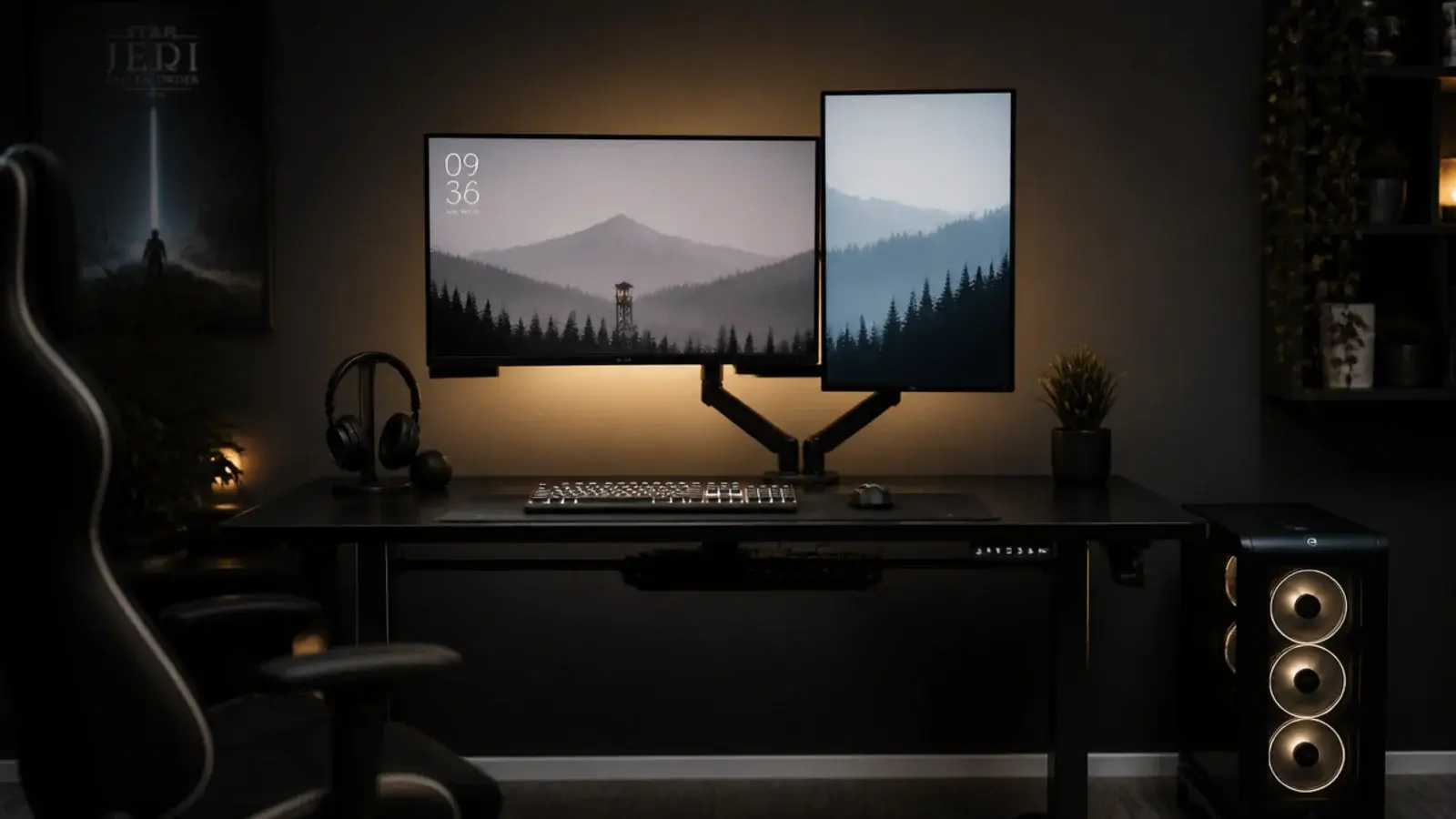 teen boy gamer bedroom with dual screens dark wall and tidy cabling