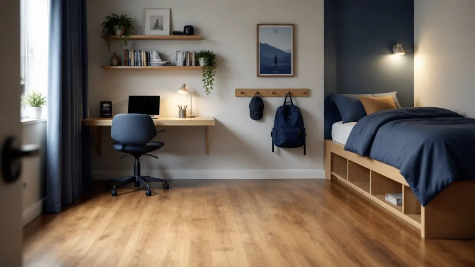 teen boy small bedroom ideas showing wall mounted desk and raised bed