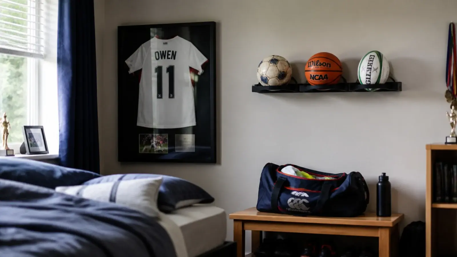 teen boy sports bedroom with kit storage framed shirt and ball rack