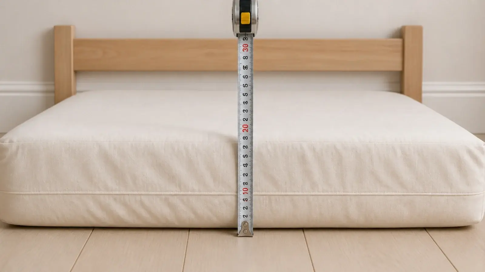 tape measure held from the floor to the top of a low mattress