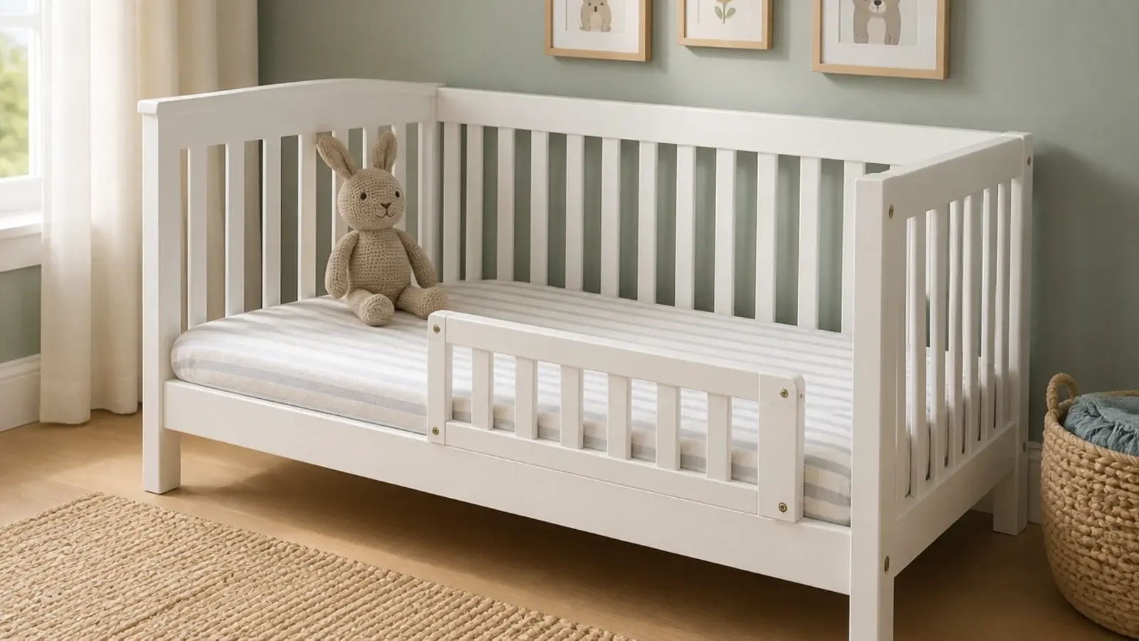 converted cot with front panel removed and a short guard rail fitted