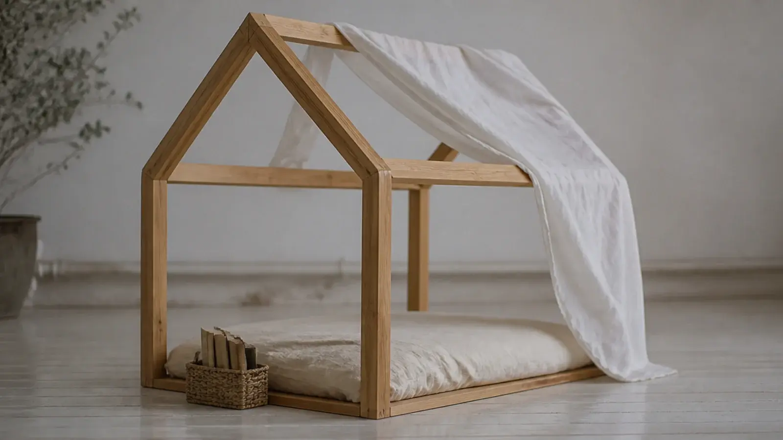 timber house frame surrounding a mattress low on a bedroom floor