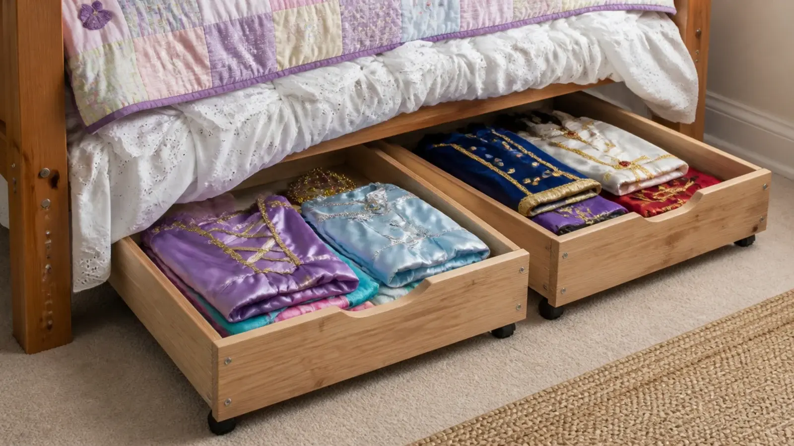two shallow drawers rolled out from beneath a twin bed frame