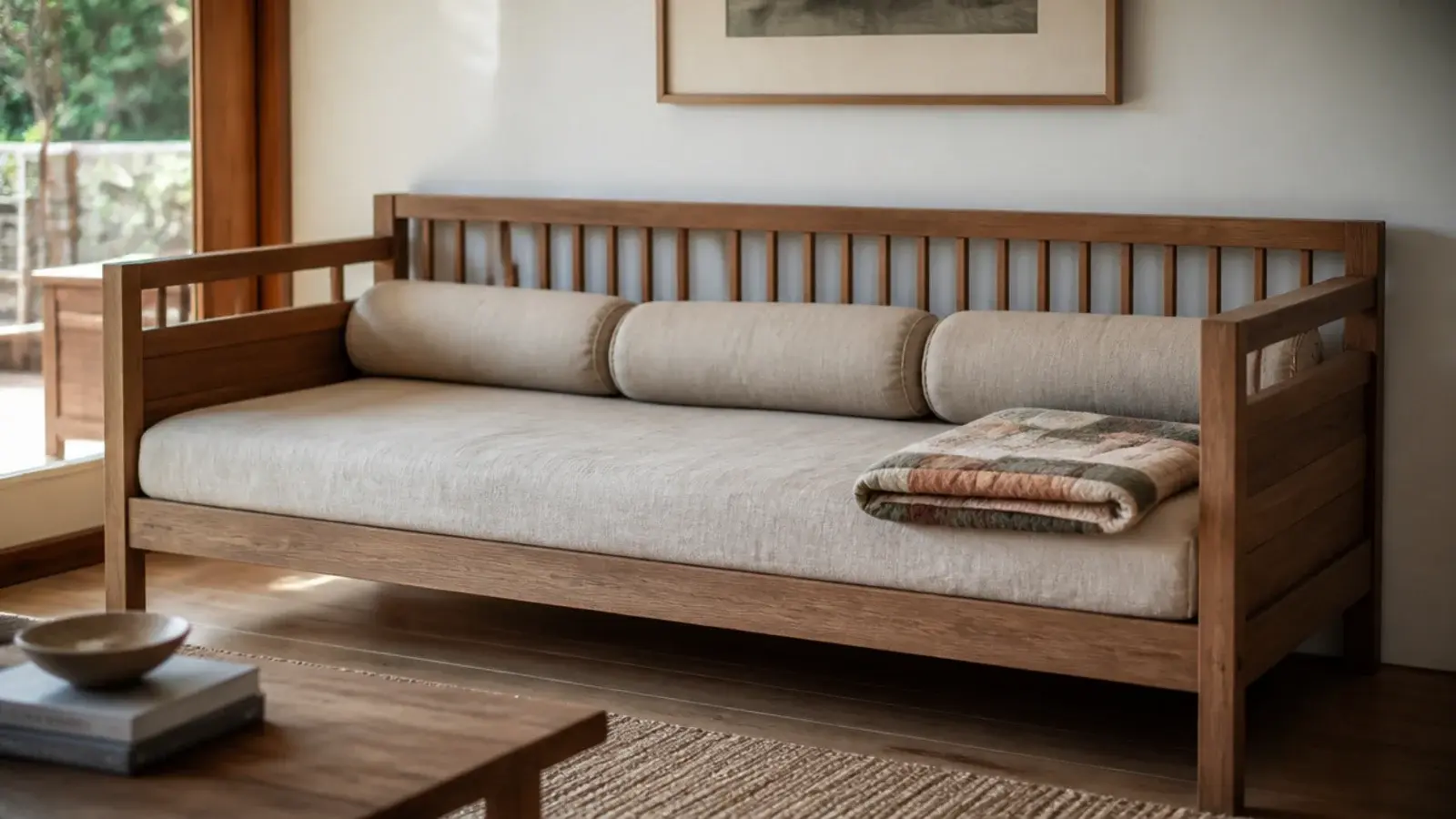 daybed with three sides used as seating against a bedroom wall