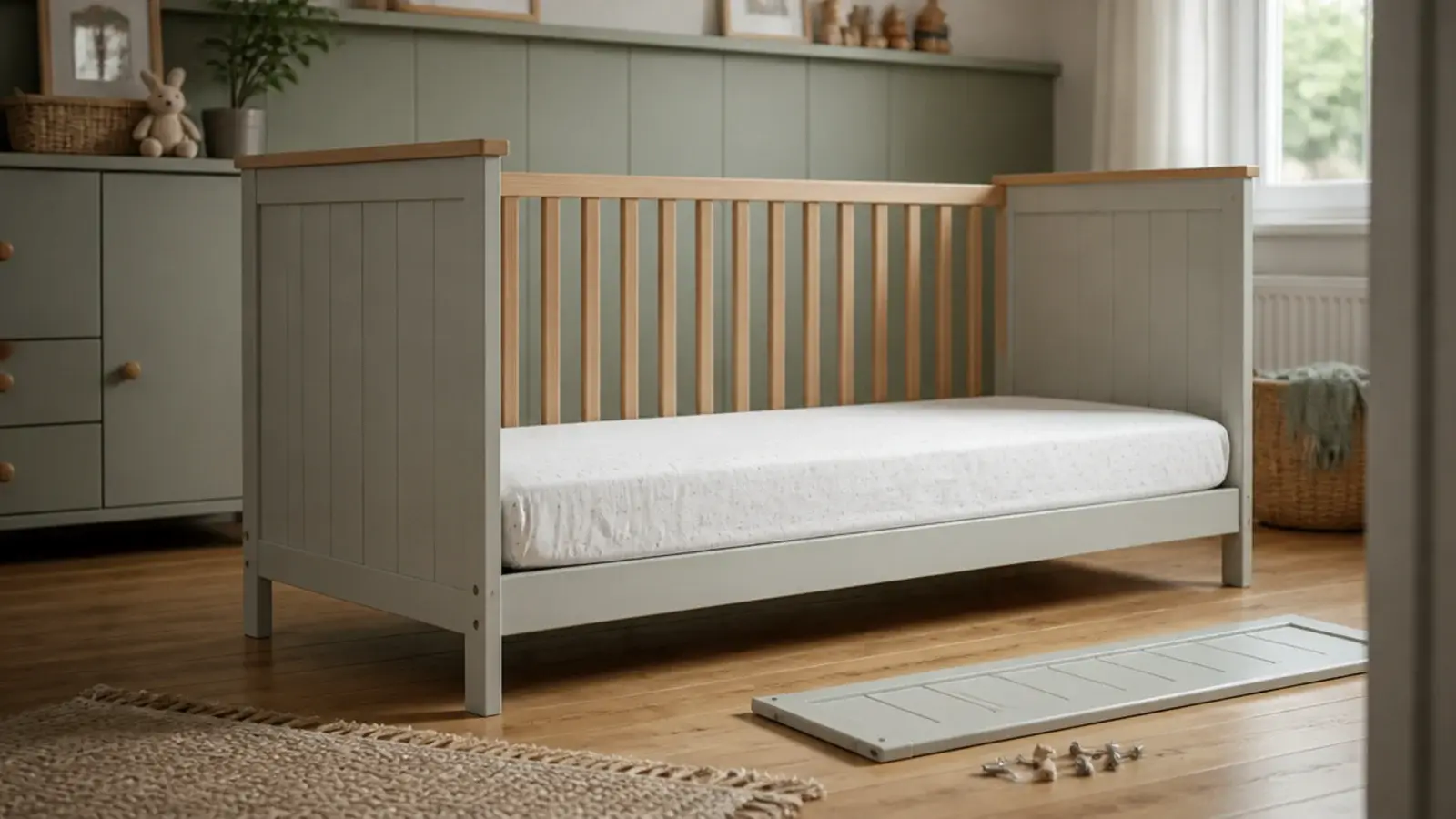 cot bed part converted showing a longer mattress and lowered sides