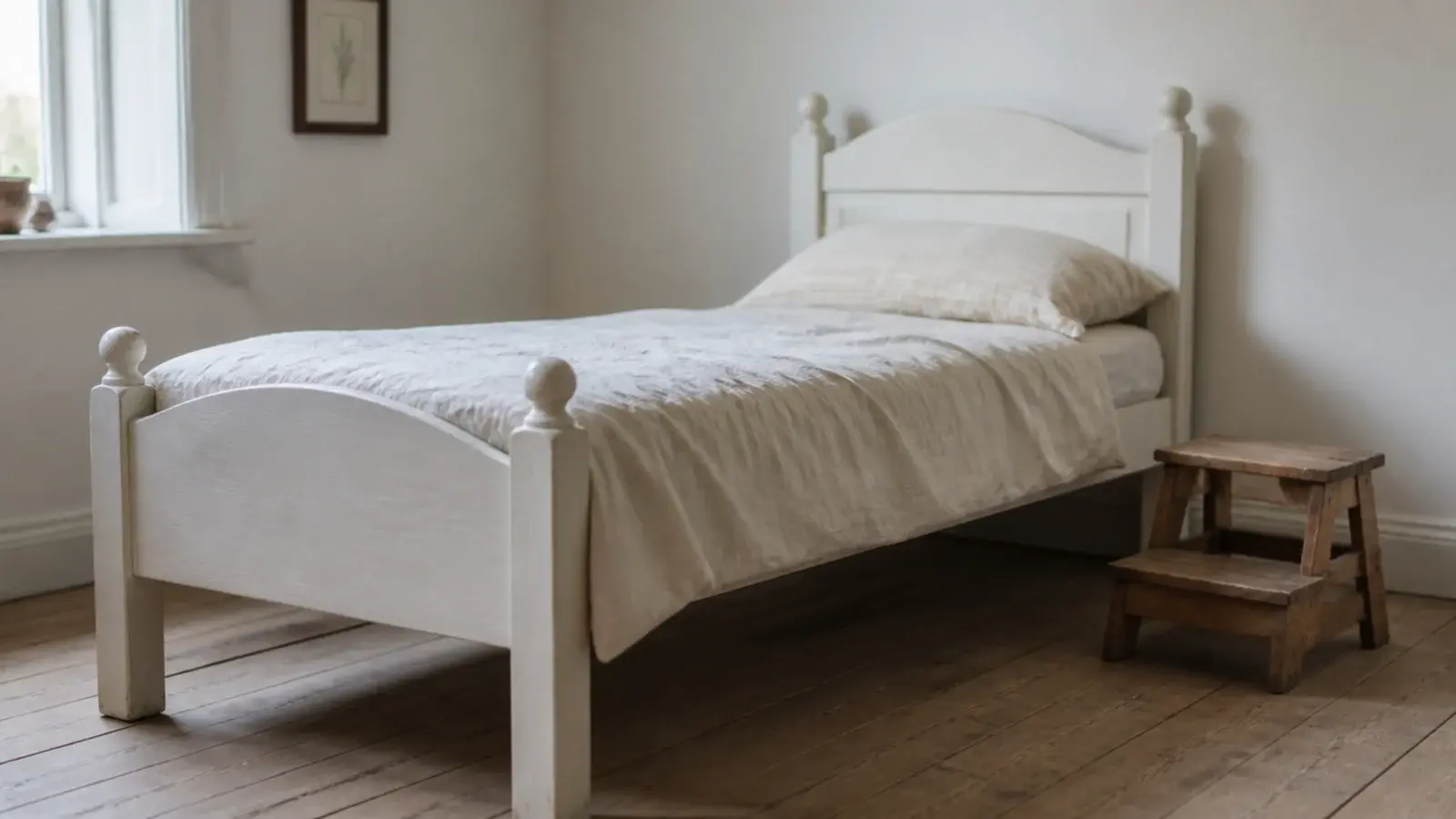 repainted secondhand pine twin bed frame with plain cotton bedding